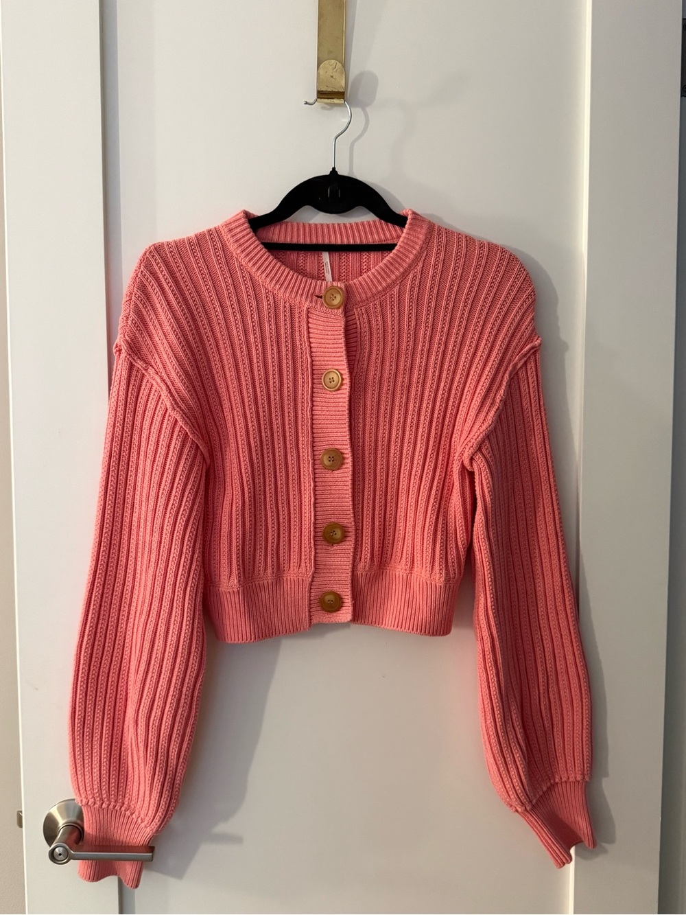 Free People Cropped Pink Rib-Knit Button Cardigan
